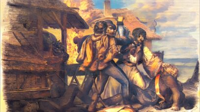 Kolorizirani crtež koji prikazuje sukob pirata i carske vojske / Vukovarska utvrda Vukovo