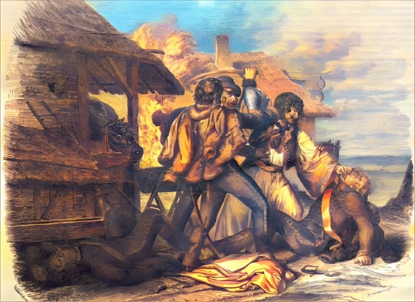 Kolorizirani crtež koji prikazuje sukob pirata i carske vojske / Vukovarska utvrda Vukovo