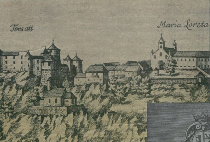 Trsat, J. W. Valvasor 1689. Izvor: Marica Balabanić Fačini, Margita Cvijetinović Starac, TRSATSKA GRADINA
