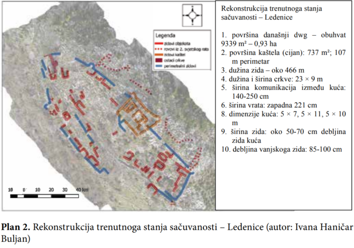 Rekonstrukcija trenutnoga stanja sačuvanosti – Ledenice (autor: Ivana HaničarBuljan) Izvor: Vučetić, Ravančić, "Hreljin i Ledenice, povijesno-prostorna topografija " Povijesni prilozi 67., (2024.)