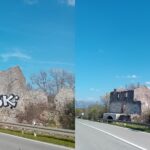 Kuća uz glavnu cestu s grafitom i bez