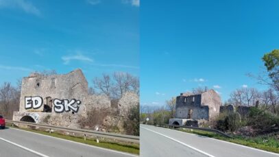Kuća uz glavnu cestu s grafitom i bez
