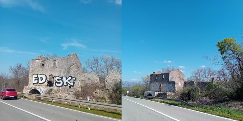 Kuća uz glavnu cestu s grafitom i bez