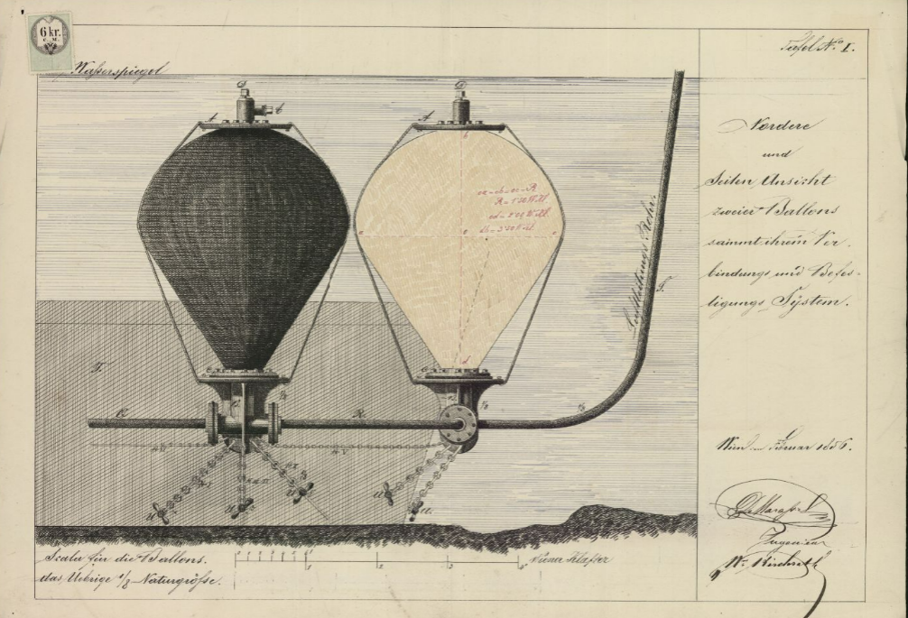 Crtež balona za podizanje olupina / Dionizije Marašić / Austrijski ured za patente / Mrežno izdanje/ Historical patents Technological Inventions 1850 - 1899