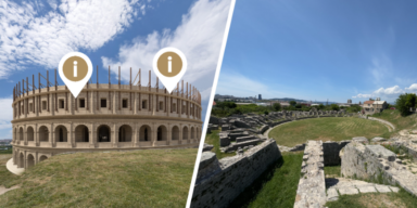 Amfiteatar u Saloni, proljeće 2025. - pogled kroz AR aplikaciju nakon skeniranja QR kooda (lijevo) i pogled kroz objektiv fotoaparata (desno) / FOTO: A.M. Blaga & misterije