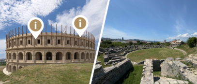 Amfiteatar u Saloni, proljeće 2025. - pogled kroz AR aplikaciju nakon skeniranja QR kooda (lijevo) i pogled kroz objektiv fotoaparata (desno) / FOTO: A.M. Blaga & misterije