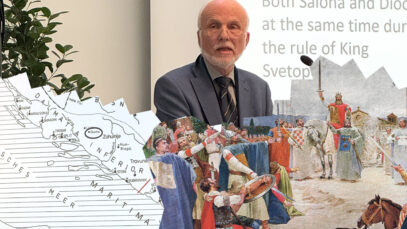 Mozaik fotografija: njemački povjesničar Ludwig Steindorf, prikaz Krunidbe Kralja Tomislava, isječak karte s predavanja