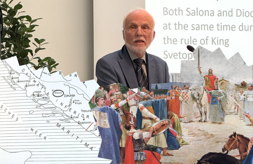 Mozaik fotografija: njemački povjesničar Ludwig Steindorf, prikaz Krunidbe Kralja Tomislava, isječak karte s predavanja