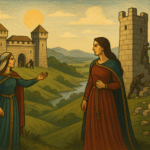 Ilustracija legende o nastanku utvrda Stupčanice i Dobre kuće. Slika je generirana uz pomoć ChatGPT (OpenAl), 2025.