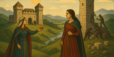 Ilustracija legende o nastanku utvrda Stupčanice i Dobre kuće. Slika je generirana uz pomoć ChatGPT (OpenAl), 2025.