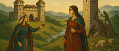 Ilustracija legende o nastanku utvrda Stupčanice i Dobre kuće. Slika je generirana uz pomoć ChatGPT (OpenAl), 2025.