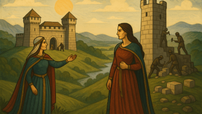 Ilustracija legende o nastanku utvrda Stupčanice i Dobre kuće. Slika je generirana uz pomoć ChatGPT (OpenAl), 2025.