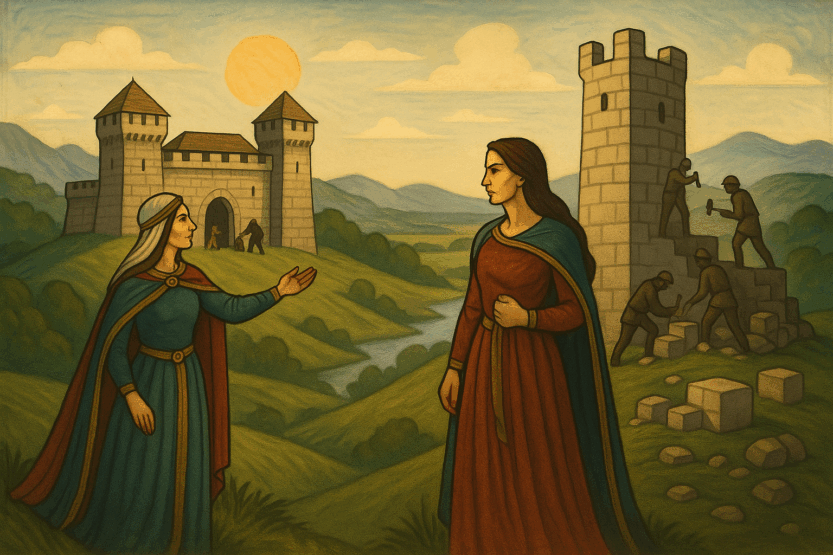 Ilustracija legende o nastanku utvrda Stupčanice i Dobre kuće. Slika je generirana uz pomoć ChatGPT (OpenAl), 2025.