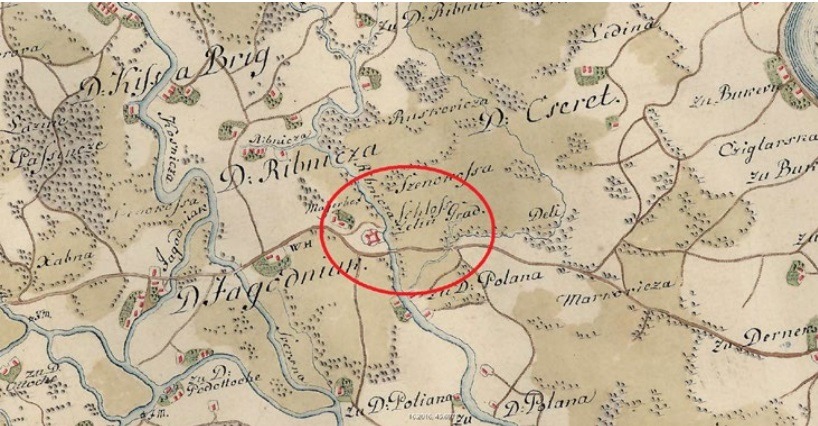 Plan Želingrada na prvoj austrijskoj izmjeri iz druge polovice 18. st., mapire.eu Izvor: Dubravka Latinčić, Krešimir Regan: Turopoljske utvrde, Studia lexicographica, 15(2021)