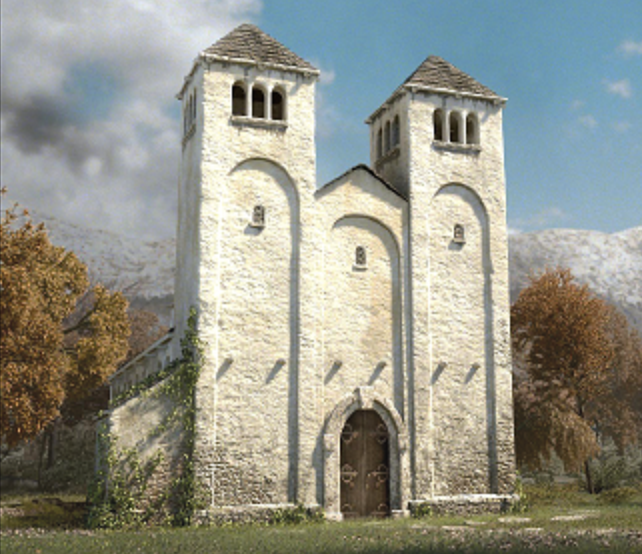 Rekonstrukcija vladarskog kompleksa na lokalitetu Crkvina u Biskupiji FOTO: Hrvatski povijesni atlas, treće, dopunjeno i prošireno izdanje čiji izlazak se očekuje za Interliber 2025. / Leksikografski zavod Miroslav Krleža / Boris Hergešić / TV serija Hrvatski kraljevi / Hrvatska radiotelevizija