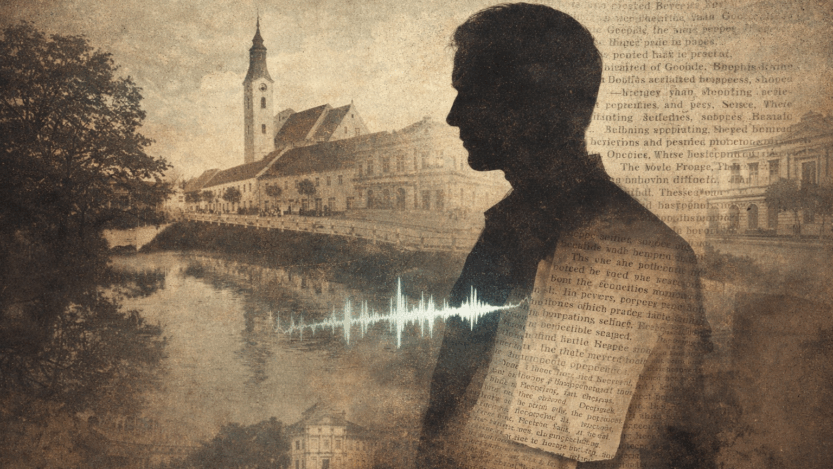 Ilustracija spaja arhivsku sliku grada, originalnu kolumnu i zvučni zapis mikeškog govora u jedinstveni vizualni mozaik