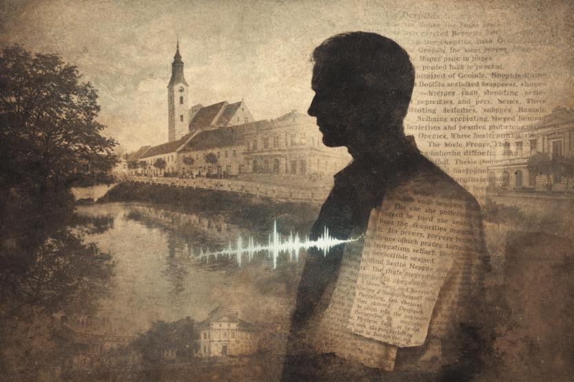 Ilustracija spaja arhivsku sliku grada, originalnu kolumnu i zvučni zapis mikeškog govora u jedinstveni vizualni mozaik