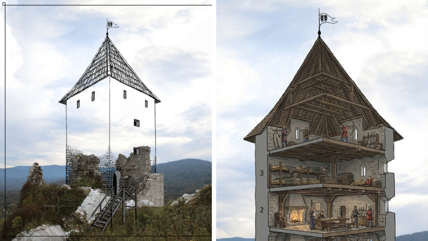 Rekonstrukcija branič-kule Tržan grada. Superpozicionirana na fotografiju arheoloških ostataka koju je izradila Martina Leskovec i generirana slika pomoću Google Gemina. 