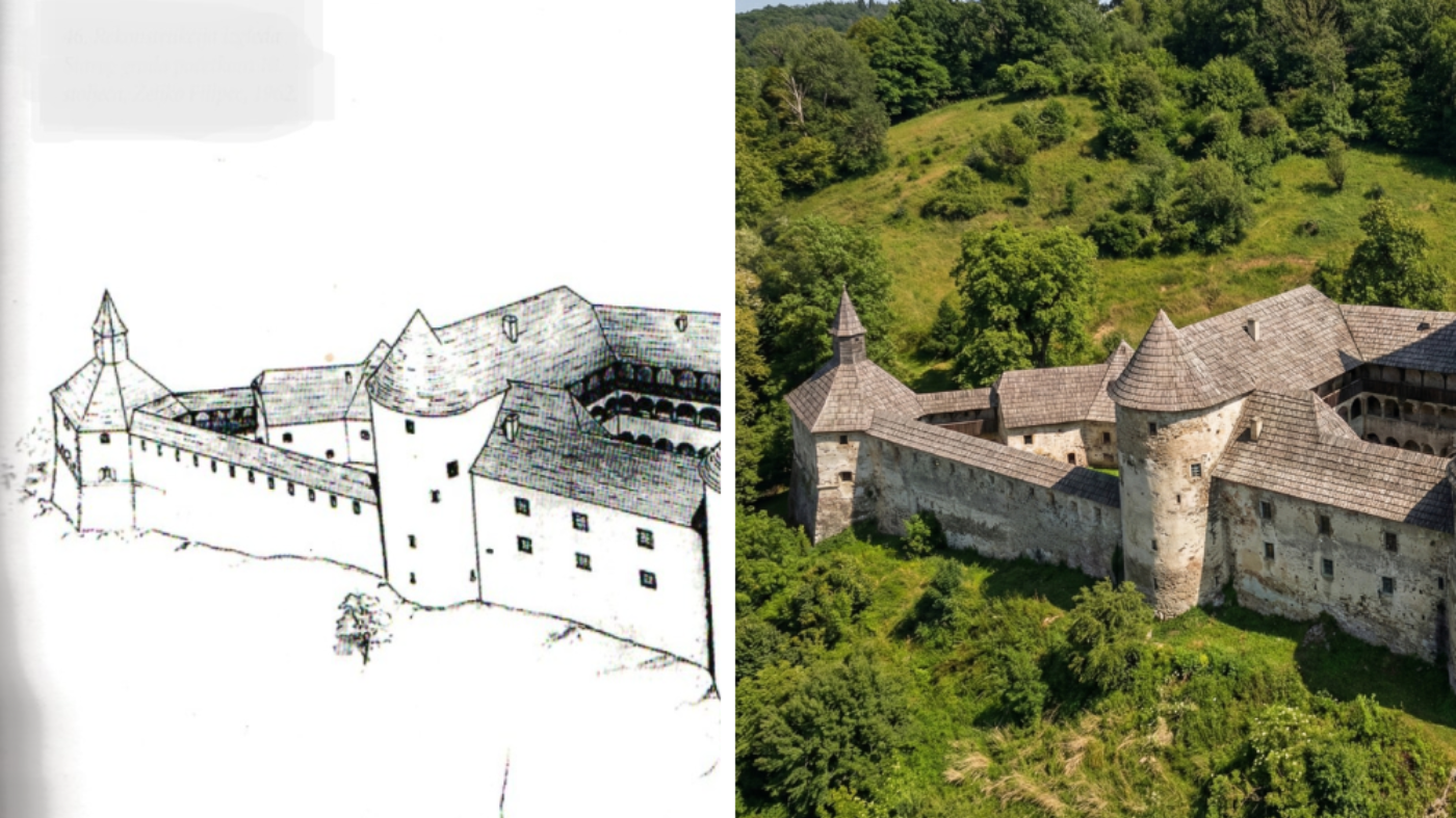 Rekonstrukcija Starog grada Samobora s jugozapada, točno s položaja dijagonalno suprotnoga onome Branka Šenoe iz 1903. godine.