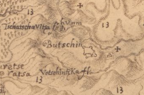 Segment karte Don Juan Baupta i Basset de Ramosa s prikazom utvrde i crkve u Voćinu. Preuzeto s: http://data.onb.ac.at/rec/AC03877672