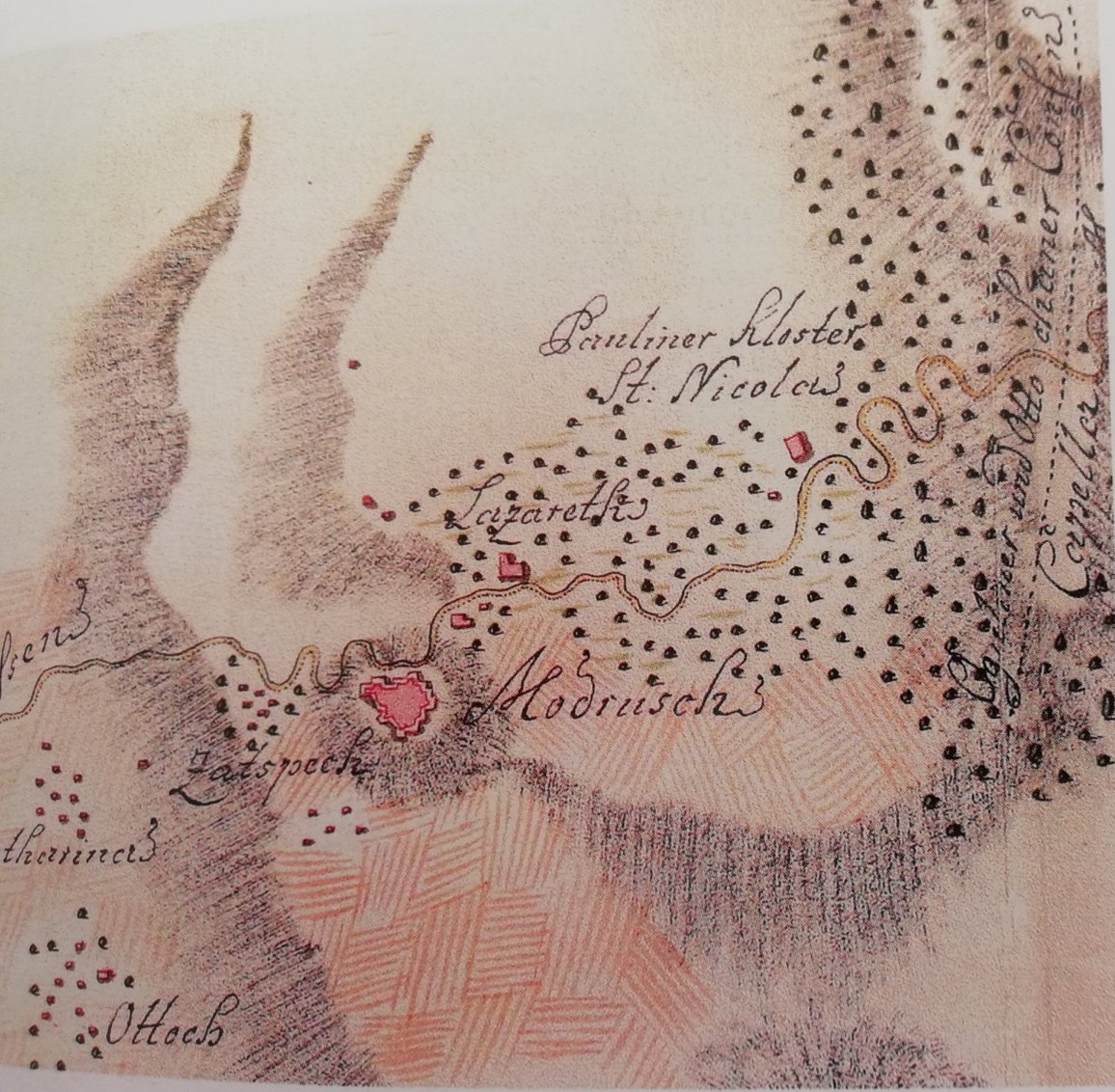 Zemljovid iz 1740. načinjen u vrijeme priprema za izgradnju Jozefine. Austrijski državni arhiv u Beču. Izvor karte: Milan Kruhek, Srednjovjekovni Modruš