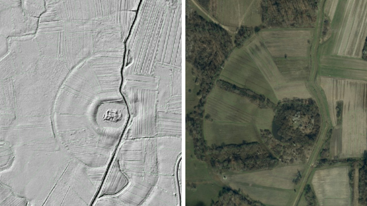 Kraljeva Velika LiDAR (lijevo) i snimka iz zraka (desno). Izvor: Geoportal Državne geodetske uprave