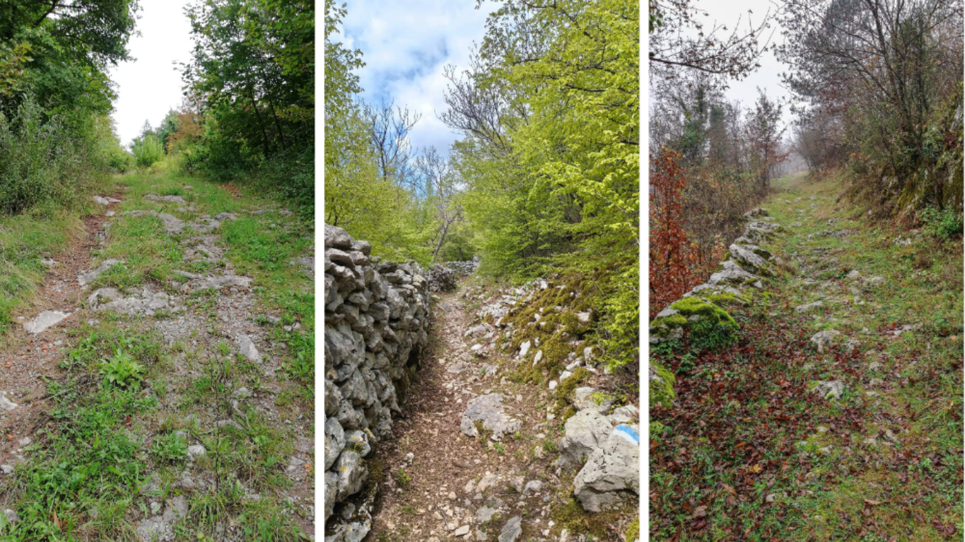 Tri stara puta (s lijeva na desno) - Dio trase koji povezuje Modruš i samostan sv. Nikole, stari put od Starog grada Kotora prema lokvi i crkvi Svetog Trojstva i stari put od Frankopanskog mosta prema Starom gradu Tounj. FOTO: Darko Antolković