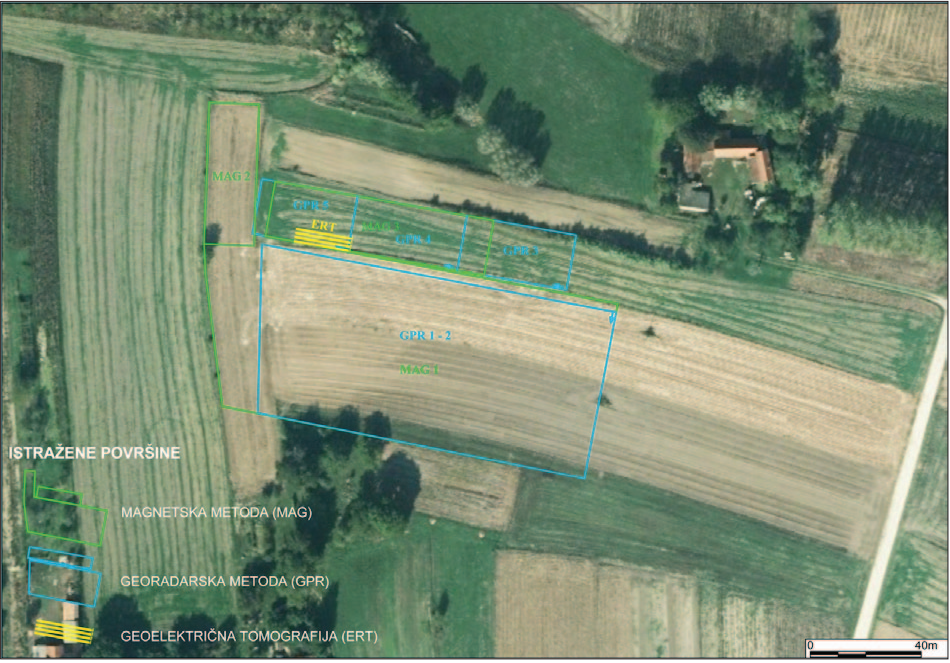 Površina lokaliteta istražena geofizičkim metodama na zračnoj fotografiji Državne geodetske uprave RH (izradio: B. Mušič)