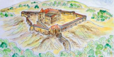 Kamengrad, idejna rekosntrukcija, M.Čorak. Izvor: Dorotea Bačić, Srednjovjekovna baština Parka prirode Papuk