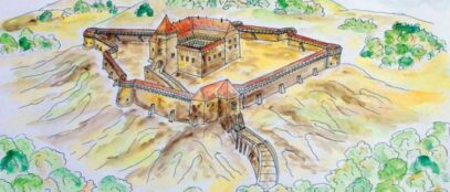 Kamengrad, idejna rekosntrukcija, M.Čorak. Izvor: Dorotea Bačić, Srednjovjekovna baština Parka prirode Papuk