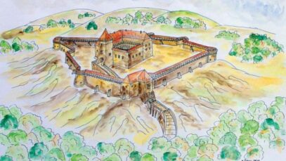 Kamengrad, idejna rekosntrukcija, M.Čorak. Izvor: Dorotea Bačić, Srednjovjekovna baština Parka prirode Papuk