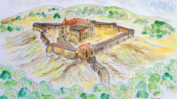 Kamengrad, idejna rekosntrukcija, M.Čorak. Izvor: Dorotea Bačić, Srednjovjekovna baština Parka prirode Papuk