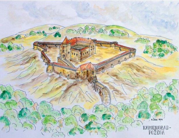 Kamengrad, idejna rekosntrukcija, M.Čorak. Izvor: Dorotea Bačić, Srednjovjekovna baština Parka prirode Papuk