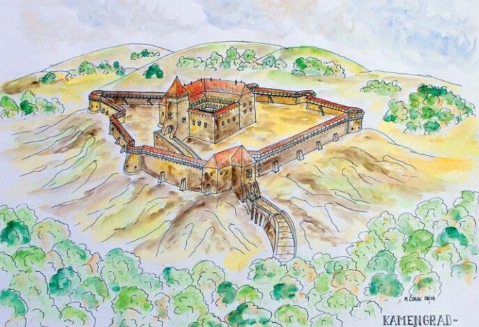 Kamengrad, idejna rekosntrukcija, M.Čorak. Izvor: Dorotea Bačić, Srednjovjekovna baština Parka prirode Papuk
