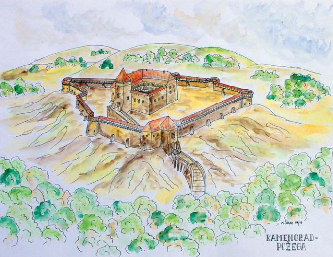 Kamengrad, idejna rekosntrukcija, M.Čorak. Izvor: Dorotea Bačić, Srednjovjekovna baština Parka prirode Papuk