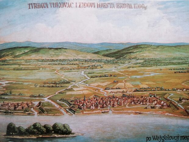 Grad Brod i stara utvrd Vukovac 1700. u viziji Vasilja Antipova. Muzej Brodskog Posavlja. Izvor: wikipedia.org