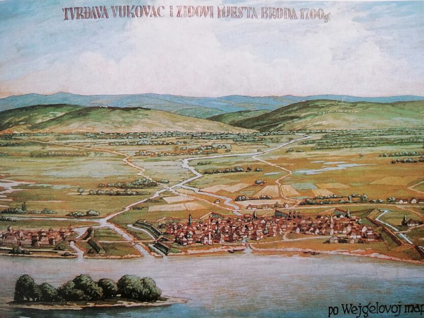 Grad Brod i stara utvrd Vukovac 1700. u viziji Vasilja Antipova. Muzej Brodskog Posavlja. Izvor: wikipedia.org