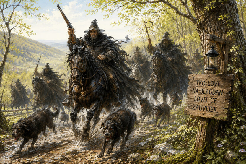 Umjetnička interpretacija divljih lovaca, tajanstvenih jahača iz narodnih predaja Vukomeričkih gorica, koji su prema vjerovanju noću lutali šumama u pratnji pasa i nadnaravnih sila. Ilustracija: MBT / Blaga & misterije