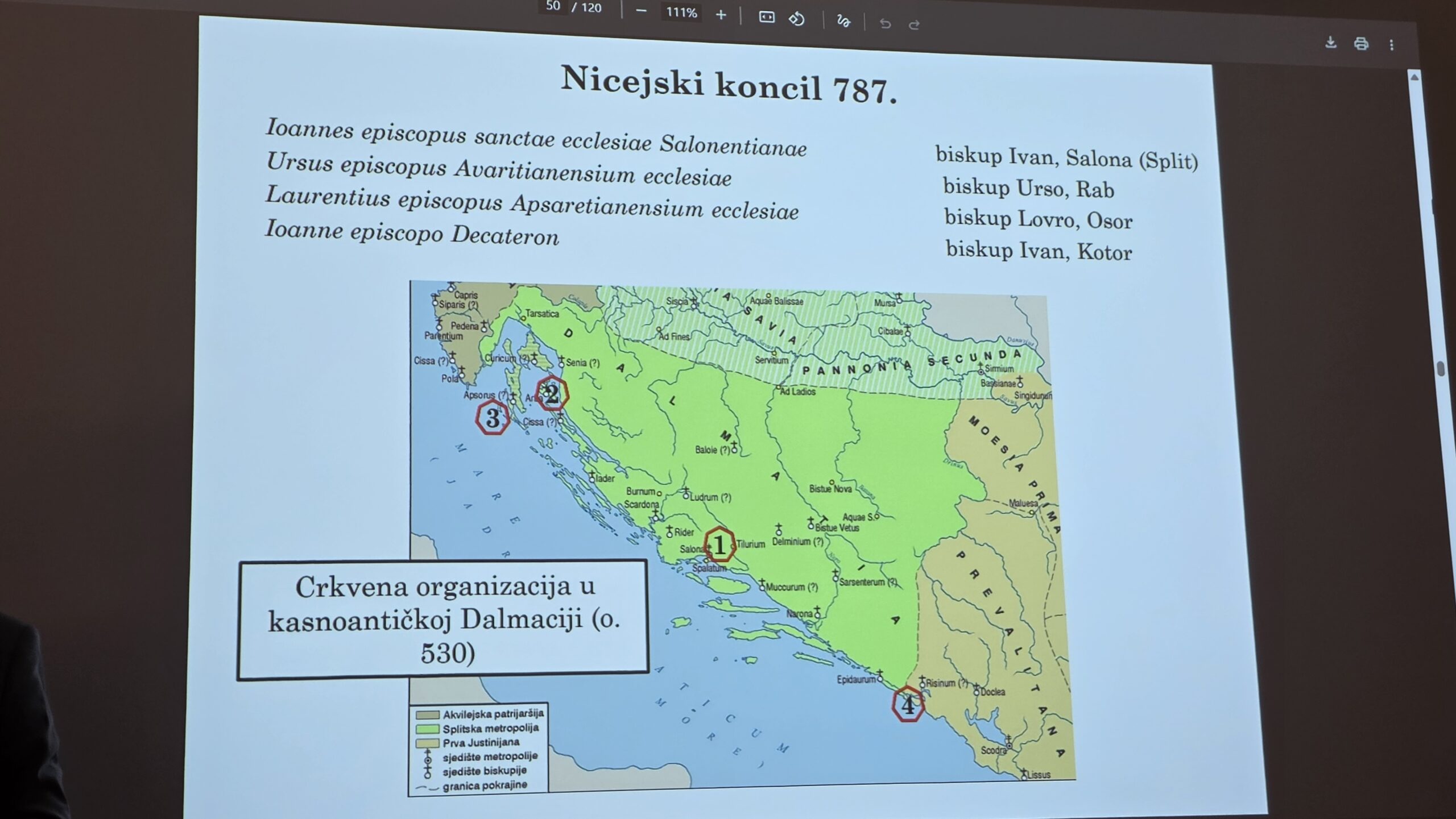 Na Drugom nicejskom saboru 787. godine sudjelovala su četvorica biskupa iz Dalmacije – Ivan iz Salone (Splita), Urso s Raba, Lovro iz Osora i Ivan iz Kotora. Njihovo sudjelovanje potvrđuje da su dalmatinske biskupije bile aktivno uključene u crkveni i politički život Bizantskog Carstva. Izvor: Predavanje dr. sc. Trpimira Vedriša.