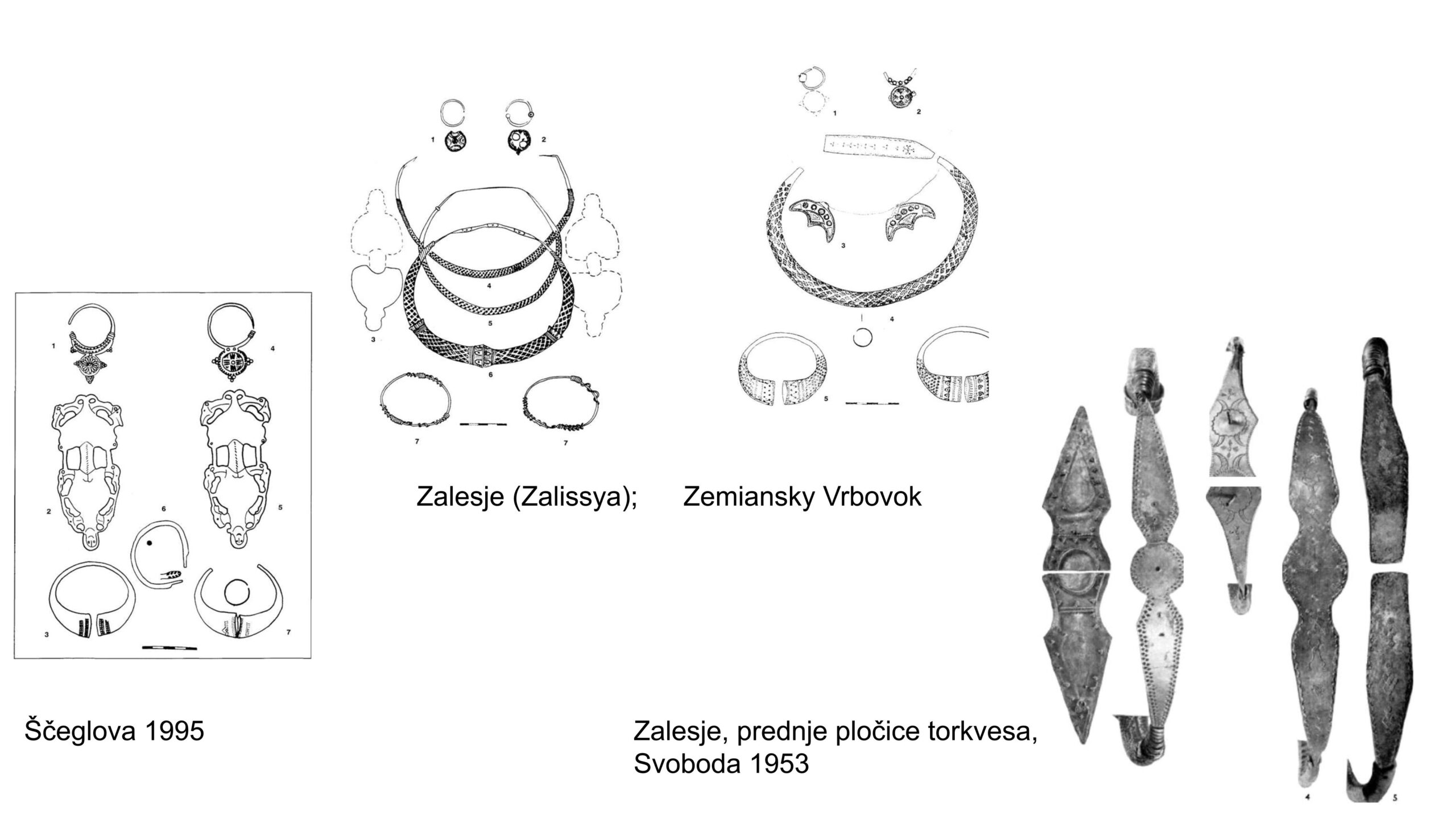 sporedba nakita i dijelova torkvesa s nalazišta Zalesje (današnja Ukrajina) i Zemiansky Vrbovok (Slovačka). Sličnosti među nalazima važan su dio rasprave o vezama između prostora današnje Ukrajine i ranosrednjovjekovnog stanovništva današnje Hrvatske. Izvor: prezentacija dr. sc. Pije Šmalcelj Novaković.