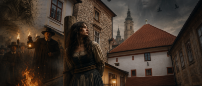 Umjetnička ilustracija progona vještica inspirirana povijesnim Gornjim gradom u Zagrebu. Ilustracija: Uredništvo Blaga & misterije