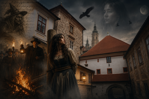 Umjetnička ilustracija progona vještica inspirirana povijesnim Gornjim gradom u Zagrebu. Ilustracija: Uredništvo Blaga & misterije