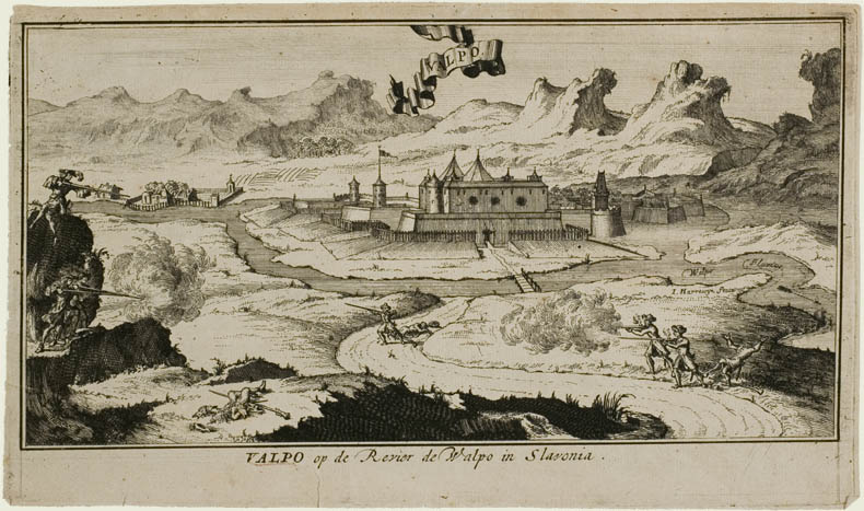 Valpovo. Oslobađanje Valpova od osmanlijske vlasti, 1687. Izvor: Hrvatska mjesta u grafičkoj zbirci HDA