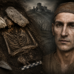 Ilustracija prikazuje rekonstrukciju srednjovjekovnog muškarca iz Račeše uz umjetničku interpretaciju arheološkog ukopa inspiriranu nalazima iz Hrvatske. / Blaga & misterije