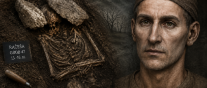 Ilustracija prikazuje rekonstrukciju srednjovjekovnog muškarca iz Račeše uz umjetničku interpretaciju arheološkog ukopa inspiriranu nalazima iz Hrvatske. / Blaga & misterije