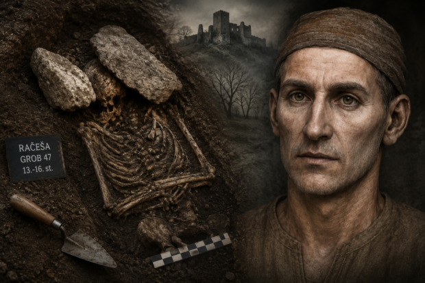 Ilustracija prikazuje rekonstrukciju srednjovjekovnog muškarca iz Račeše uz umjetničku interpretaciju arheološkog ukopa inspiriranu nalazima iz Hrvatske. / Blaga & misterije