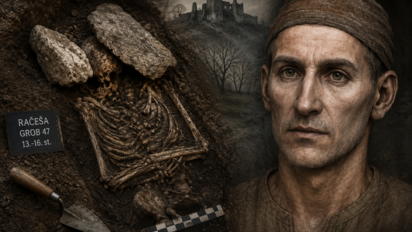Ilustracija prikazuje rekonstrukciju srednjovjekovnog muškarca iz Račeše uz umjetničku interpretaciju arheološkog ukopa inspiriranu nalazima iz Hrvatske. / Blaga & misterije