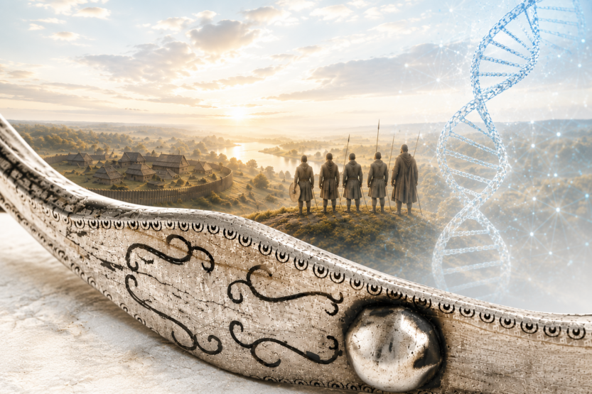 Ilustracija: Umjetnički prikaz koji povezuje detalj srebrnog torkvesa iz Čađavice s motivom drevne DNA, migracijama i ranosrednjovjekovnim krajolikom, simbolizirajući spoj arheologije i suvremenih genetskih istraživanja. Ilustracija: Blaga & misterije