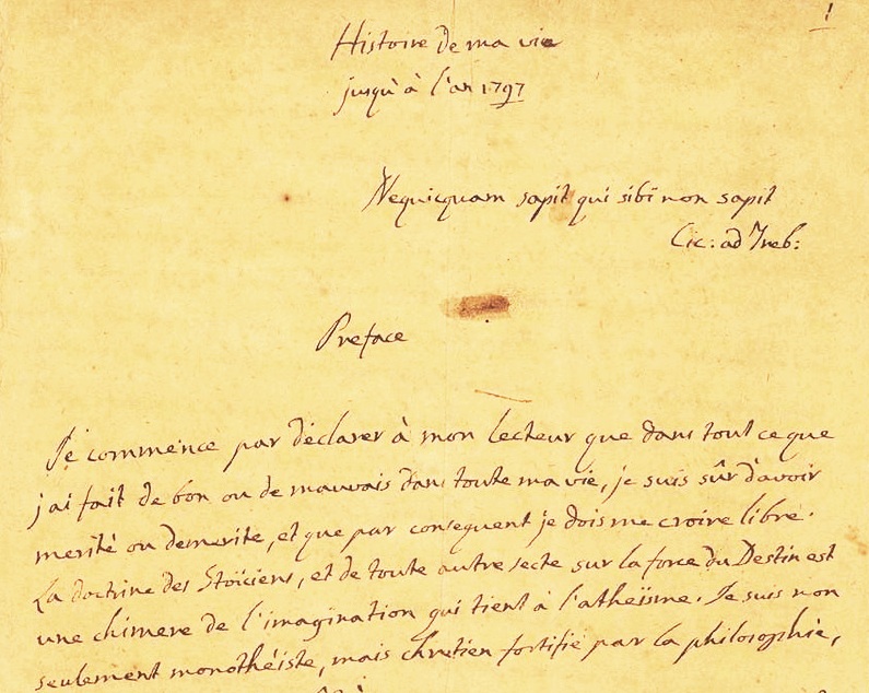Prva stranica izvornog rukopisa Casanovinih memoara *Histoire de ma vie*, u kojima je opisao boravke u Vrsaru i Puli. IZVOR: Bibliothèque nationale de France – Gallica / Wikimedia Commons, javno dobro