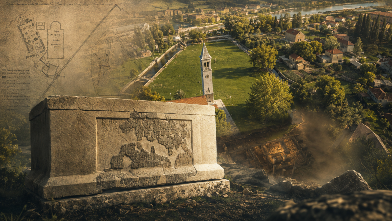 Ilustracija: Gospin otok u Solinu, s rekonstrukcijom sarkofaga kraljice Jelene i povijesnim planovima istraživanja. Ispod današnjega uređenog prostora i dalje se nalaze ostatci hrvatskoga kraljevskog mauzoleja koji nikada nije sustavno istražen do kraja.